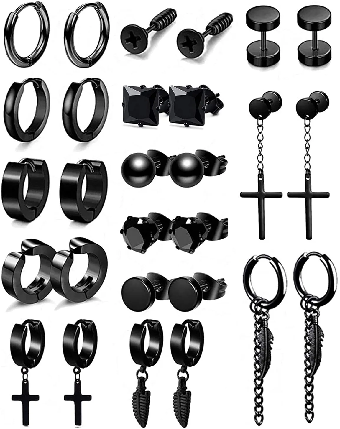 14 pairs Punk Black Hoop Dangle Stud Earrings