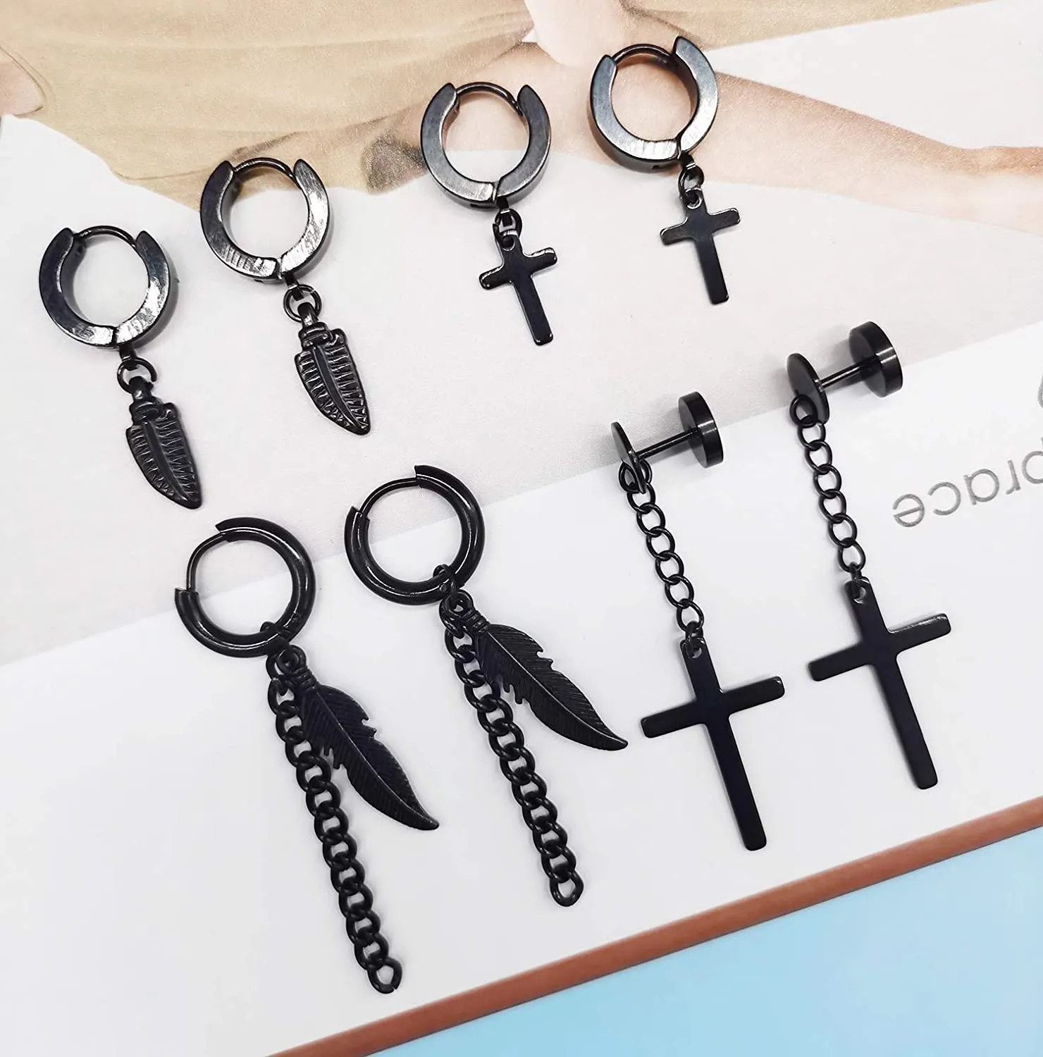 14 pairs Punk Black Hoop Dangle Stud Earrings