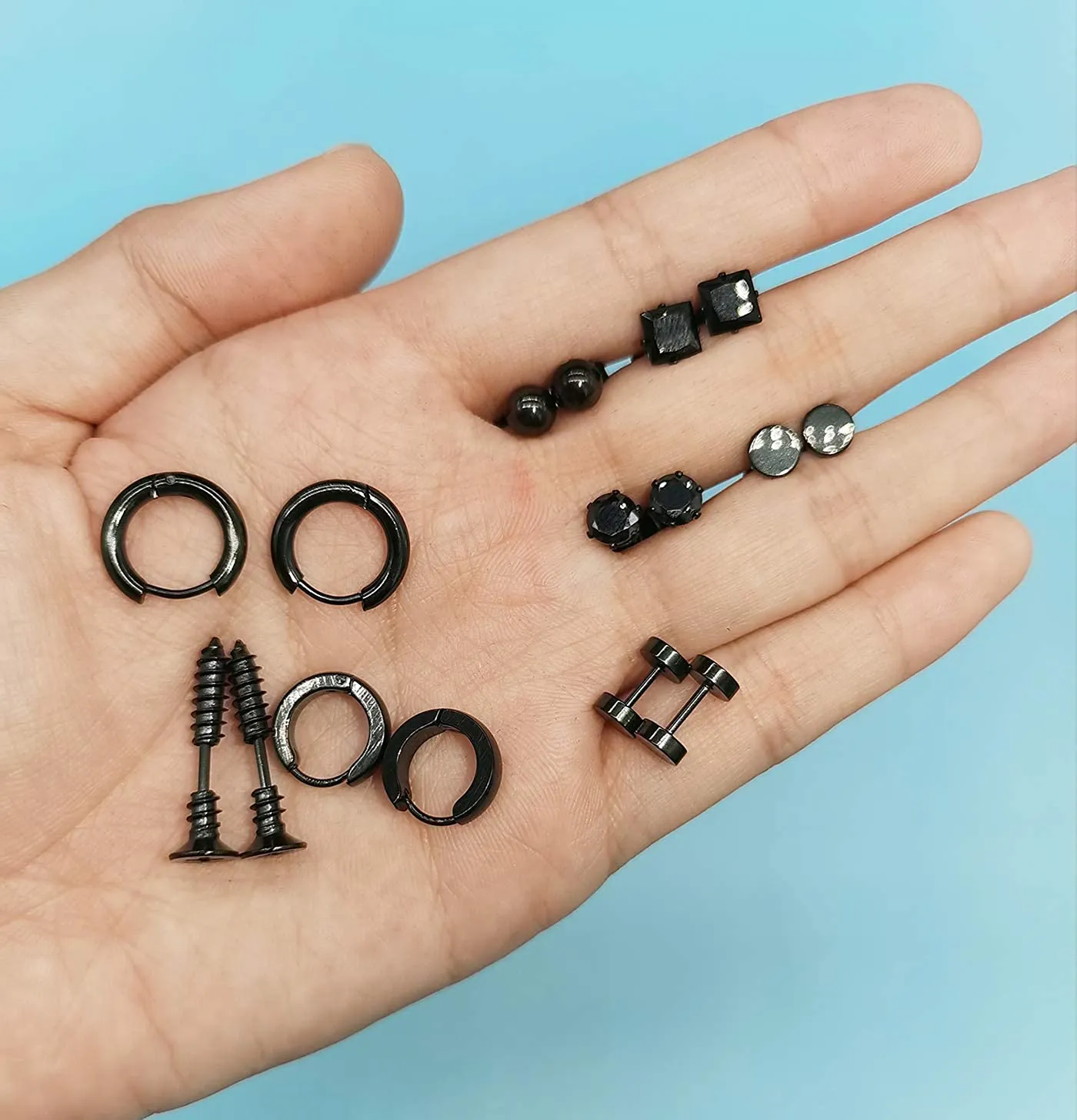 14 pairs Punk Black Hoop Dangle Stud Earrings
