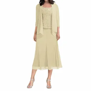 3 Pieces A-line Scoop Tea-Length Chiffon Mother of the Bride Dress With Sleeveless