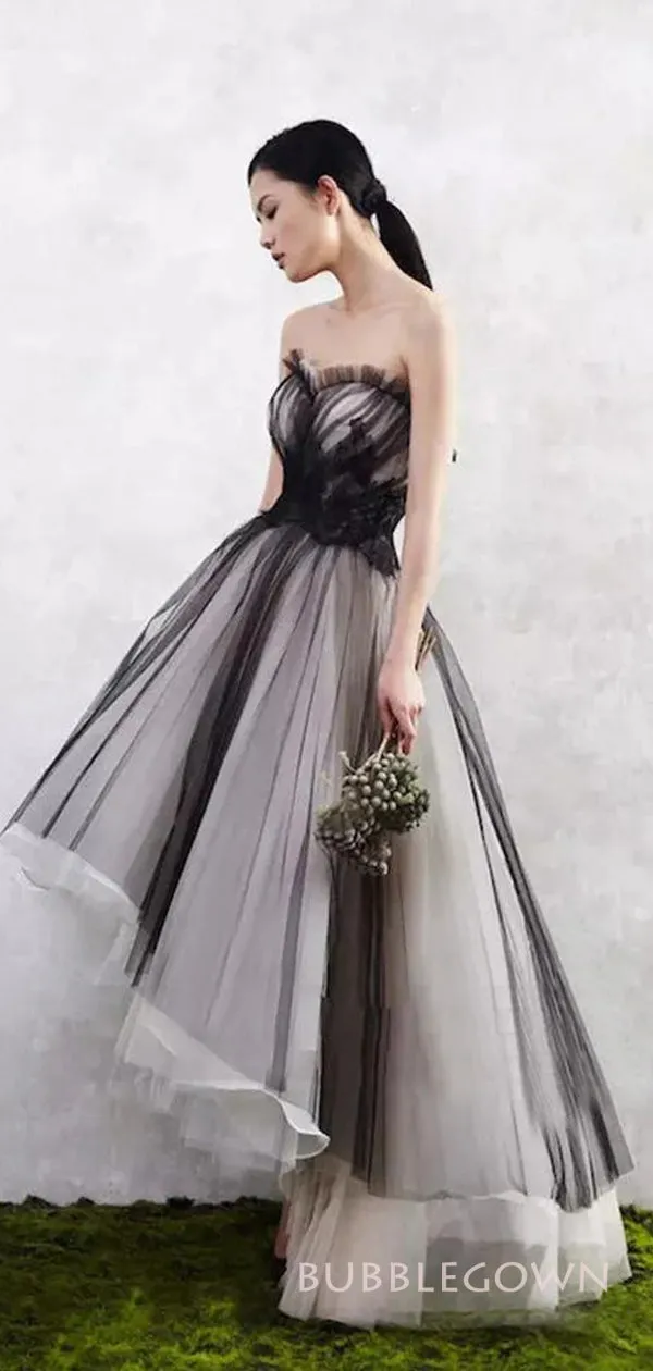 A-line Black Tulle Strapless Long Evening Prom Dresses, Custom High-low Prom Dresses, BGS0260