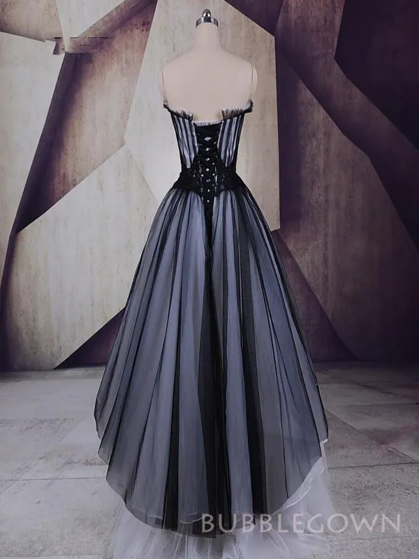 A-line Black Tulle Strapless Long Evening Prom Dresses, Custom High-low Prom Dresses, BGS0260