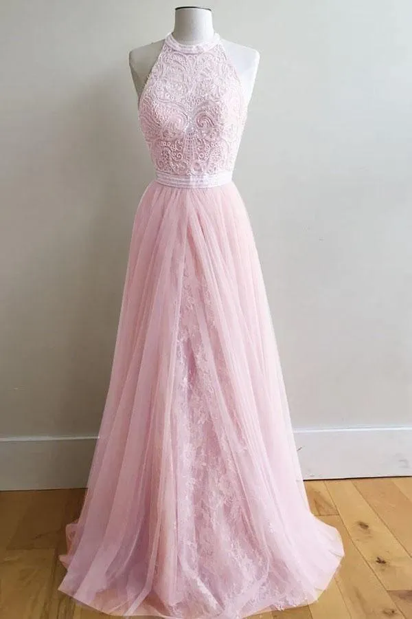A-Line Halter Floor-Length Pink Tulle Prom Dresses with Sash Lace PG449