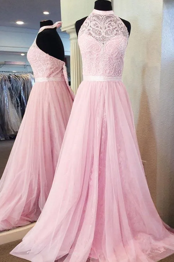 A-Line Halter Floor-Length Pink Tulle Prom Dresses with Sash Lace PG449