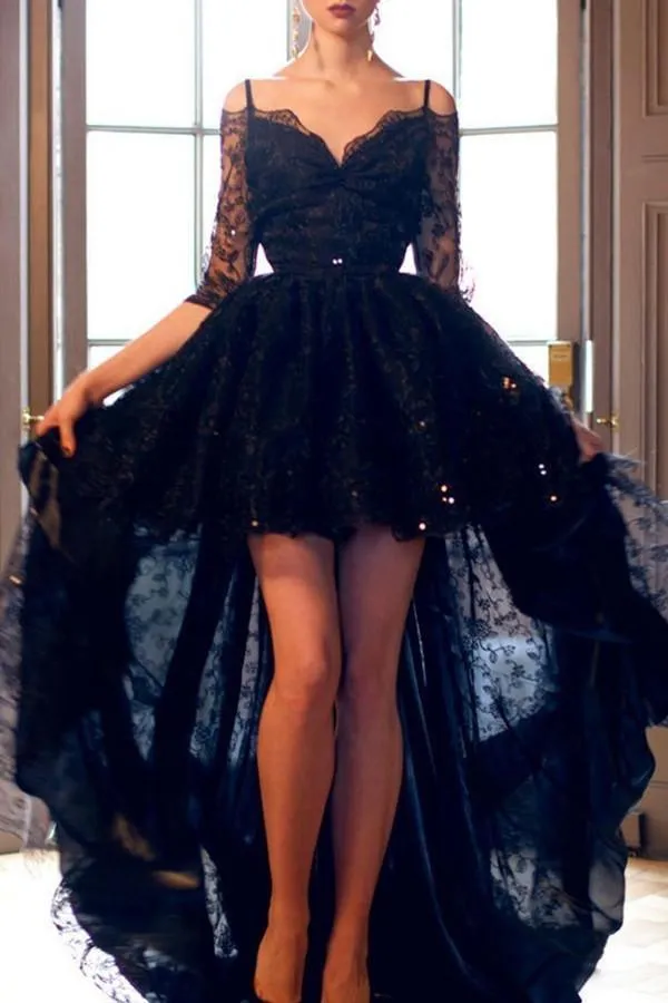 A-line Lace High-low Black Homecoming Dress With Half Sleeves TR0169