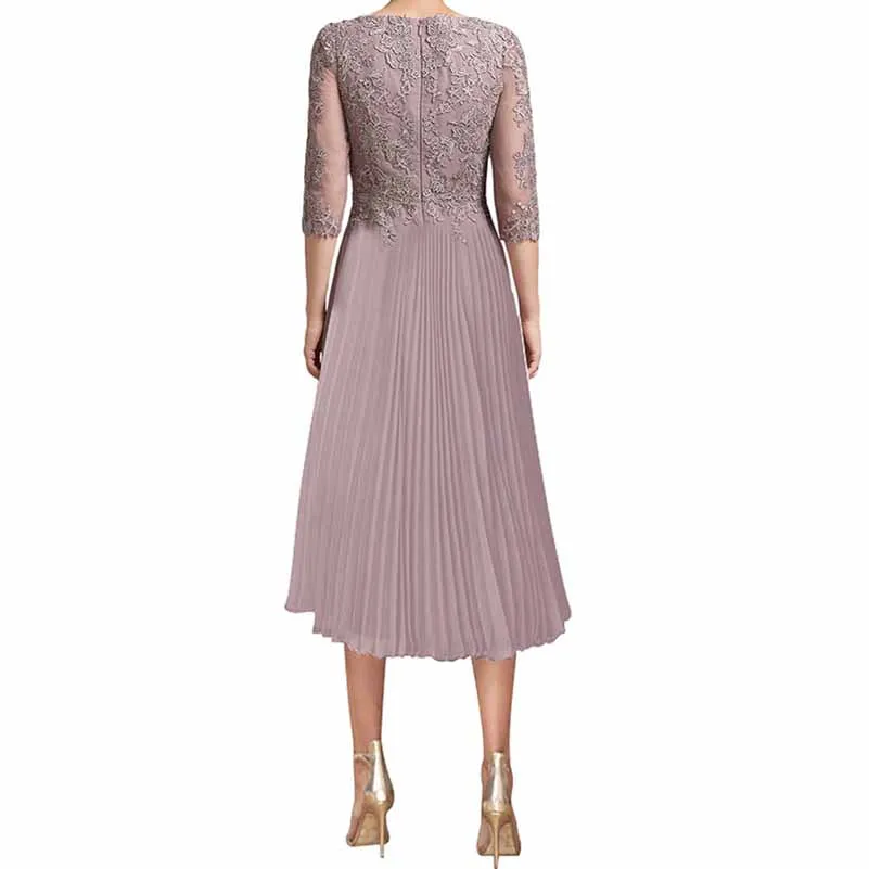 A-line Scoop Tea-Length Chiffon Lace Mother of the Bride Dress