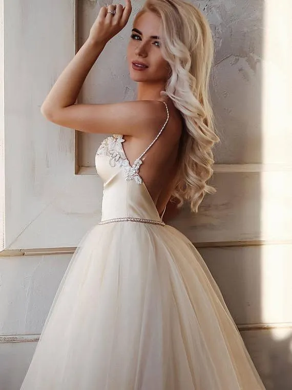 A-Line Straps Floor Length Beading Wedding Dress Long Bridal Gown TN266