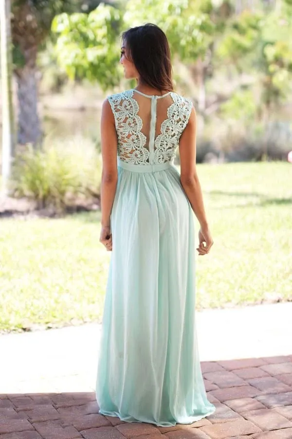 Anneprom A-Line Crew Floor-Length Mint Chiffon Bridesmaid Dress With Lace APB0075