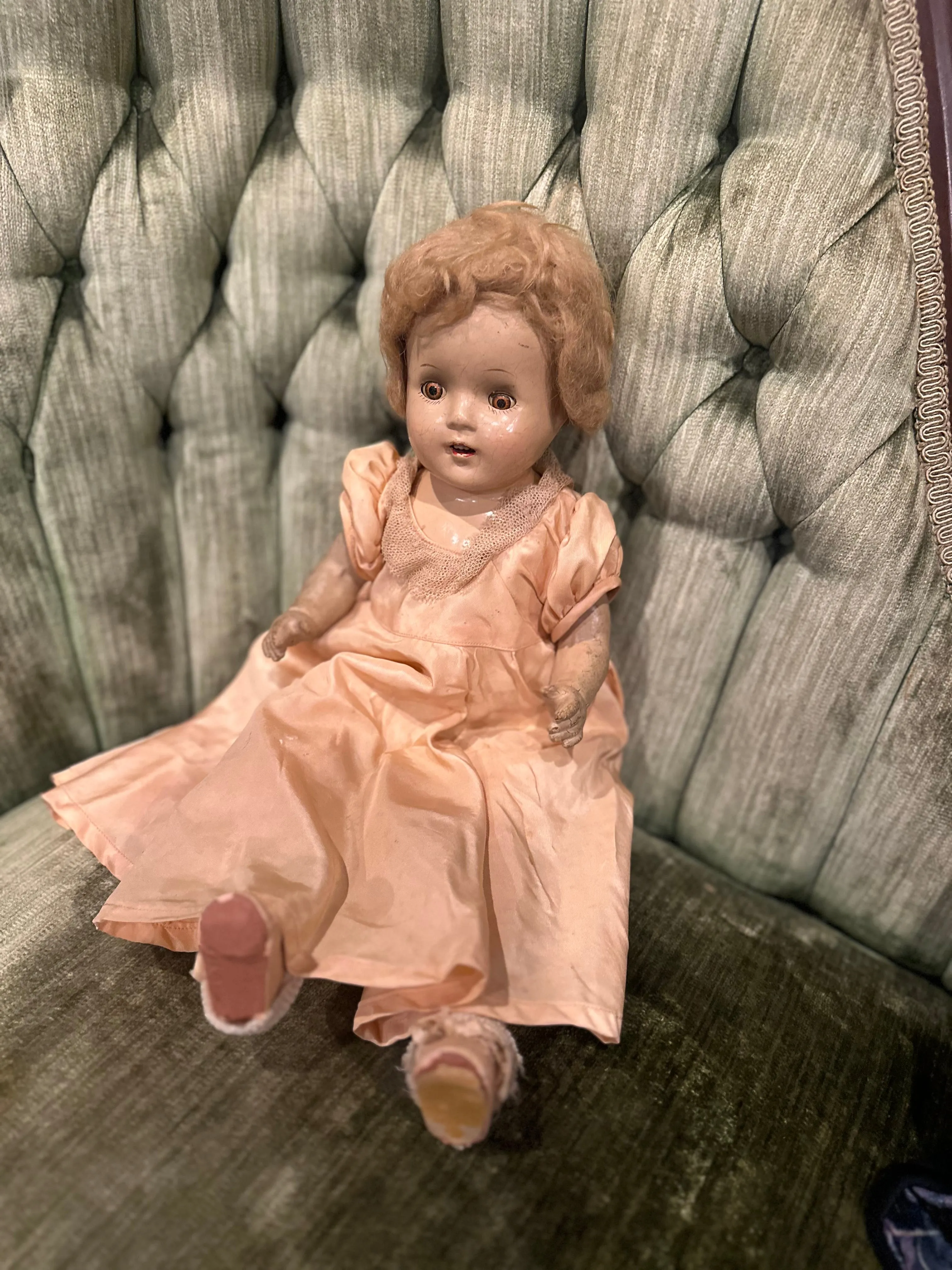 Antique Doll Open Close Eyes in Peach Dress