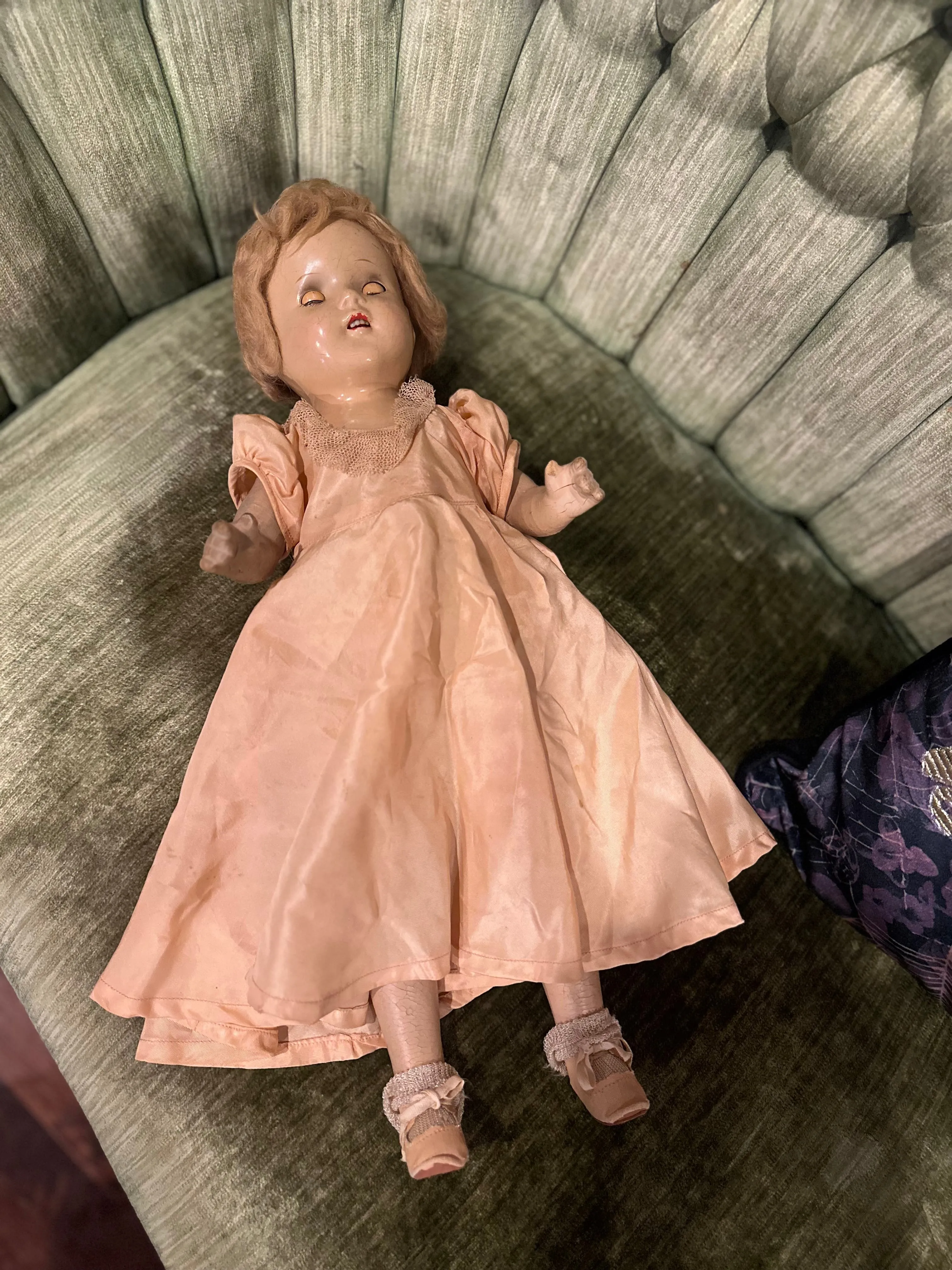 Antique Doll Open Close Eyes in Peach Dress