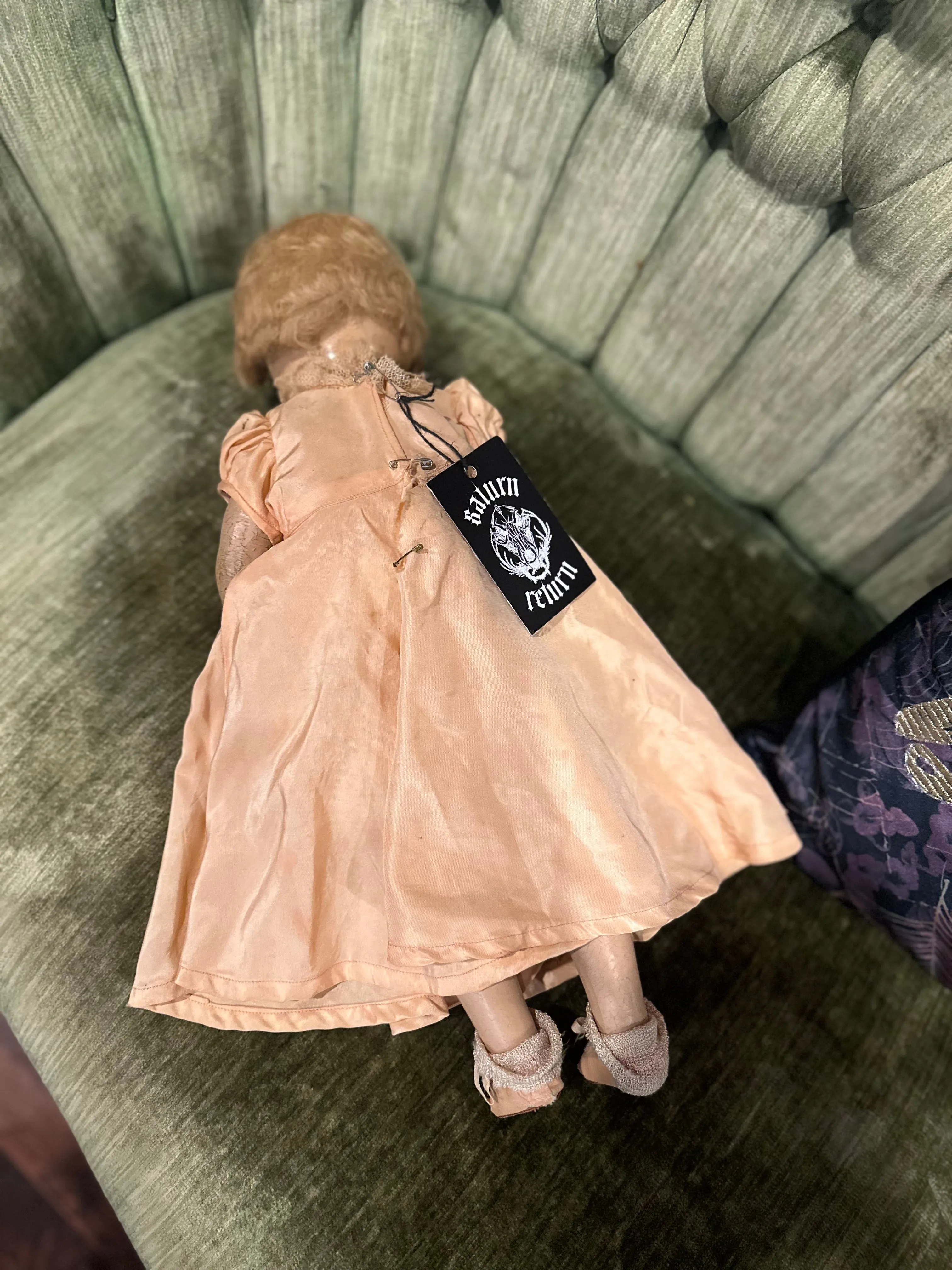 Antique Doll Open Close Eyes in Peach Dress
