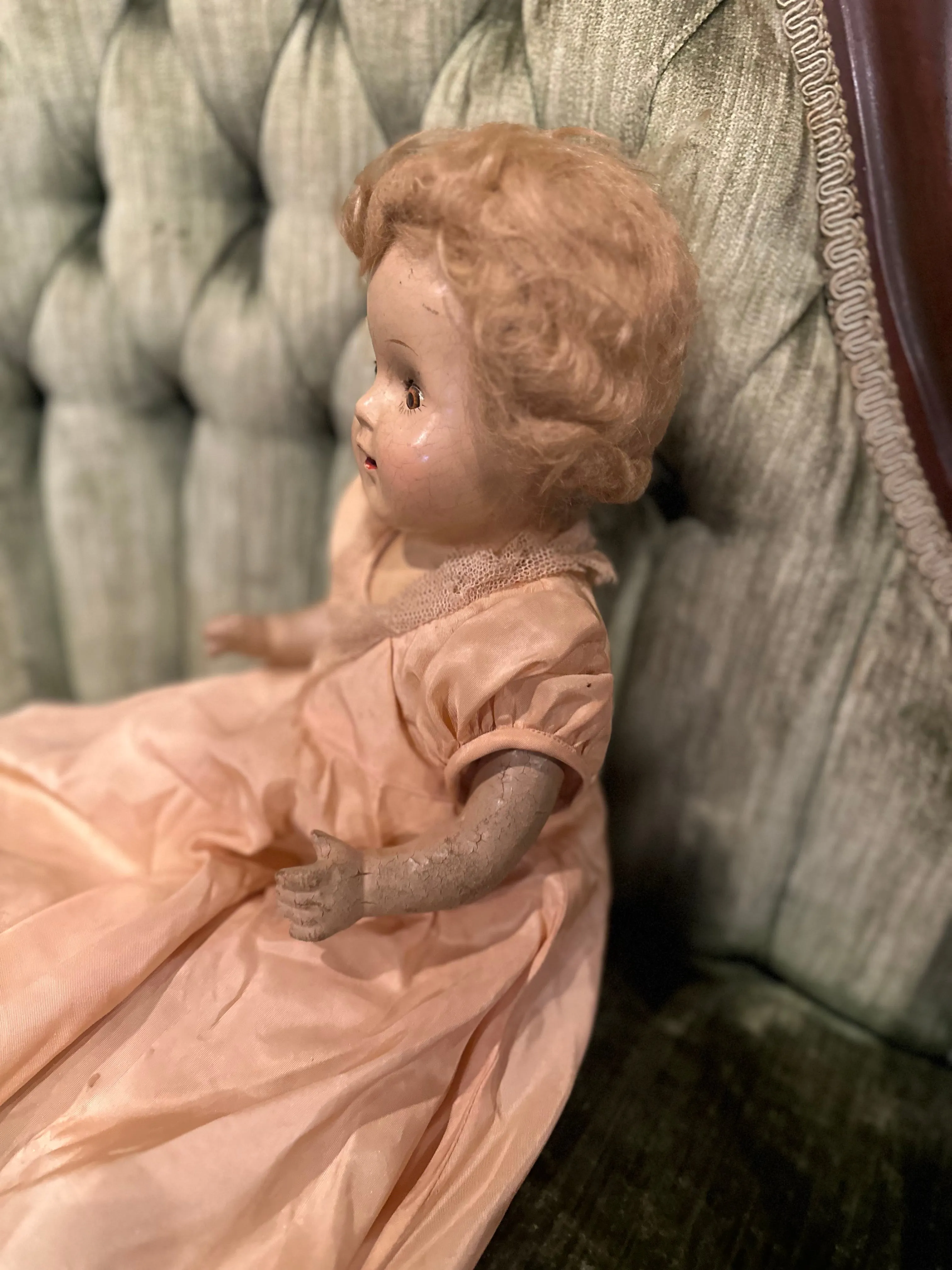 Antique Doll Open Close Eyes in Peach Dress