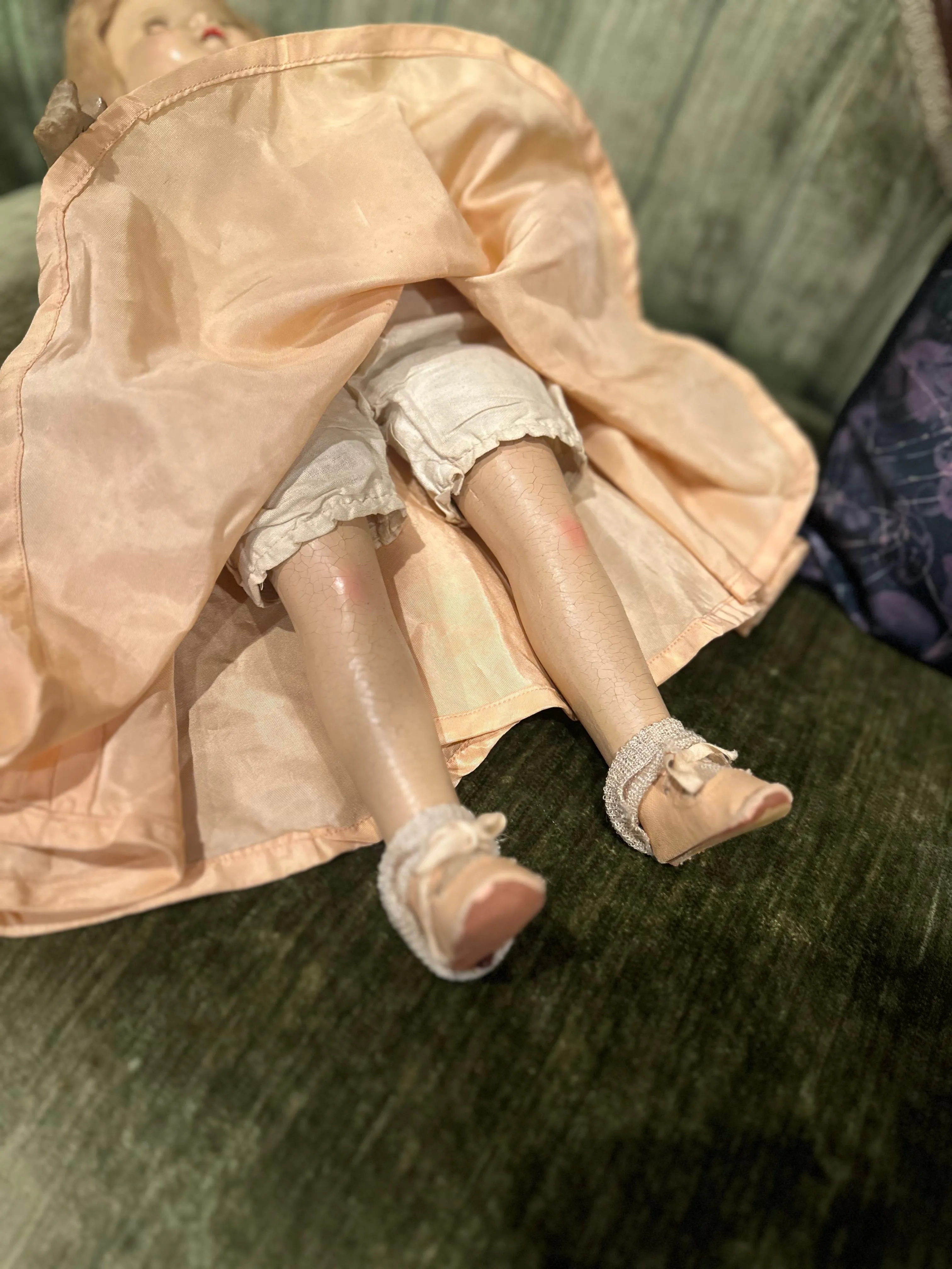 Antique Doll Open Close Eyes in Peach Dress