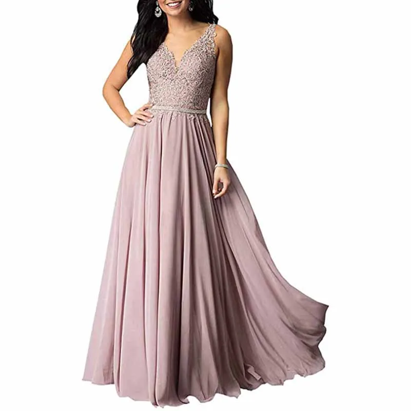 Applique Chiffon Long Bridesmaid Dress Wedding Guest Dress With Beads Belt