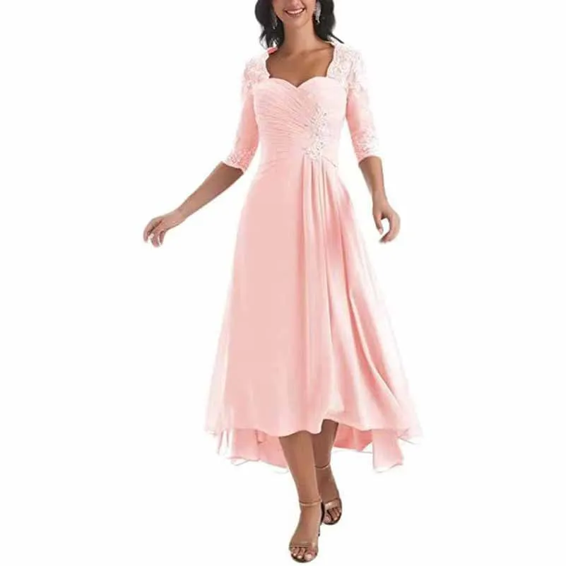 Appliques Mother of The Bride Dress 3/4 Sleeves A line Tea Length Chiffon Wedding Guest Dress
