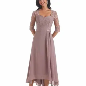 Appliques Mother of The Bride Dress 3/4 Sleeves A line Tea Length Chiffon Wedding Guest Dress