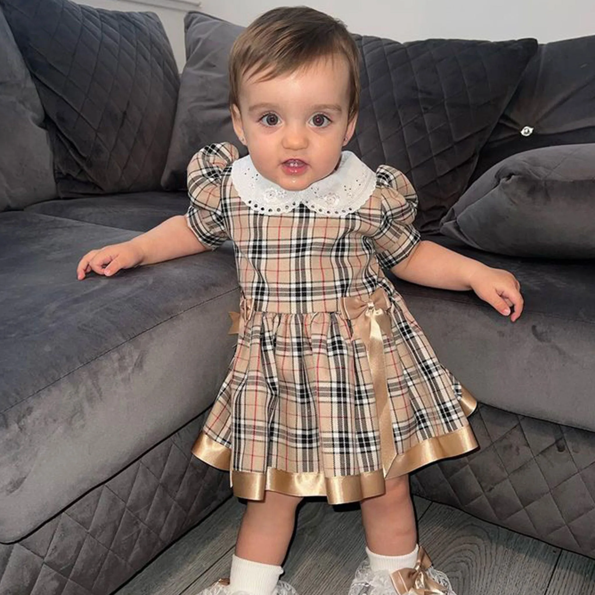 Baby Girls Beige Tartan Dress with Gold bows
