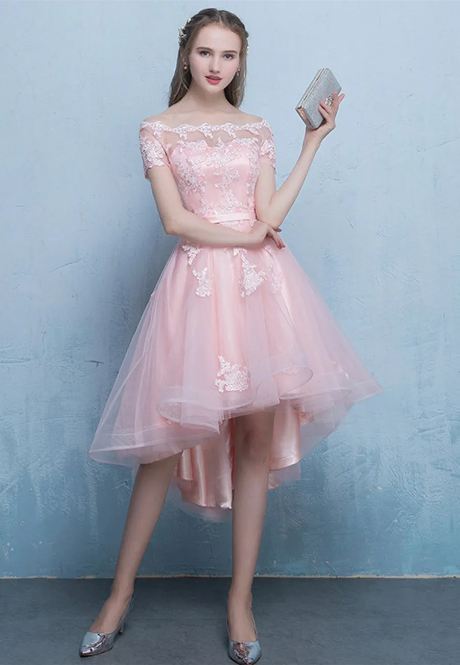 Beautiful Pink Off Shoulder High Low Tulle Homecoming Dress, Lace Applique Prom Dress