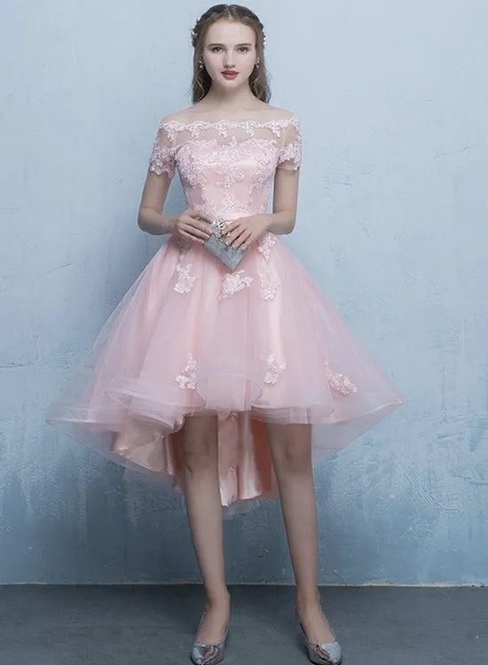 Beautiful Pink Off Shoulder High Low Tulle Homecoming Dress, Lace Applique Prom Dress