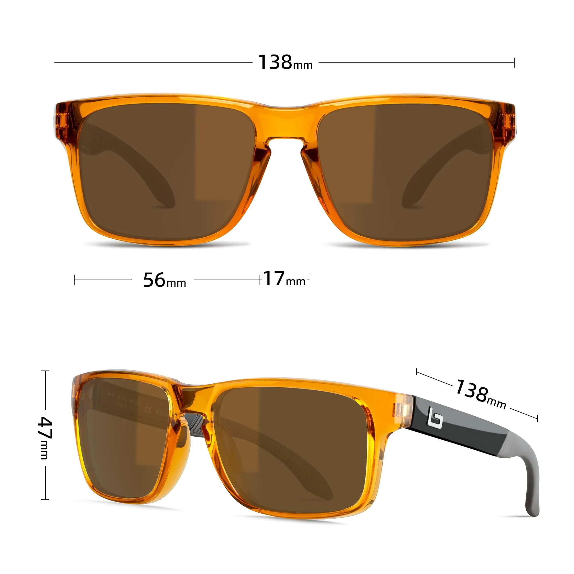 Bnus italy made classic sunglasses corning real glass lens w. polarized option (B7066 Crystal Brown / B15 Polarized, Glass Lens)