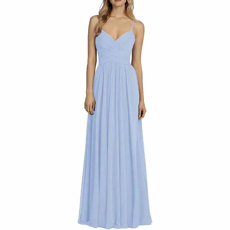 Bridesmaid Dresses Long Chiffon Ball Gowns Spaghetti Straps V-neck Wedding Guest Dress