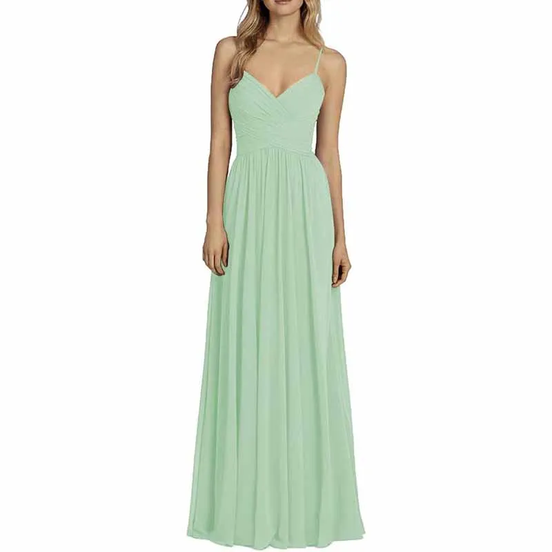 Bridesmaid Dresses Long Chiffon Ball Gowns Spaghetti Straps V-neck Wedding Guest Dress