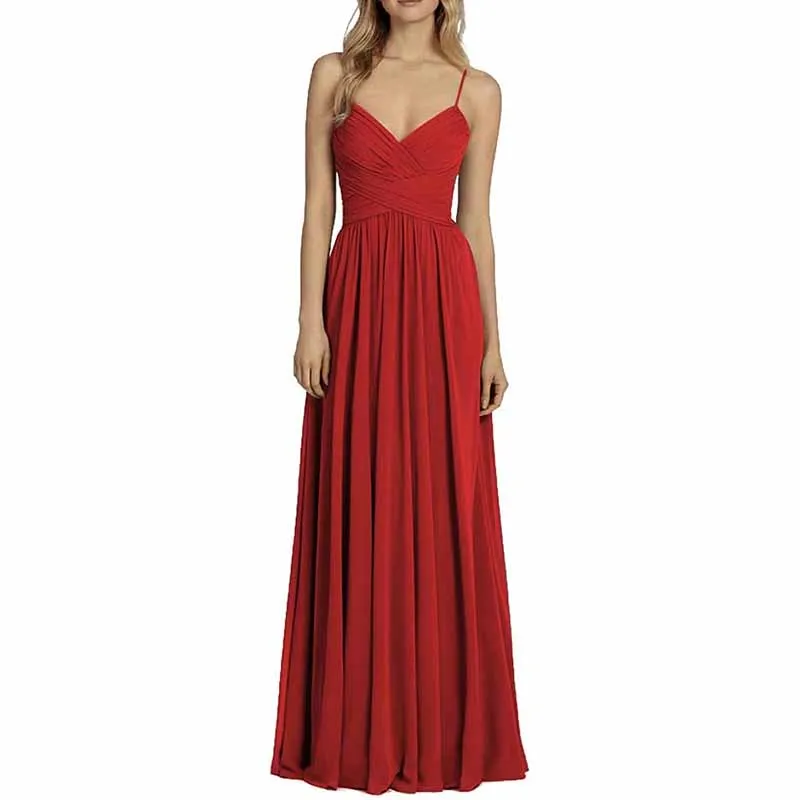 Bridesmaid Dresses Long Chiffon Ball Gowns Spaghetti Straps V-neck Wedding Guest Dress