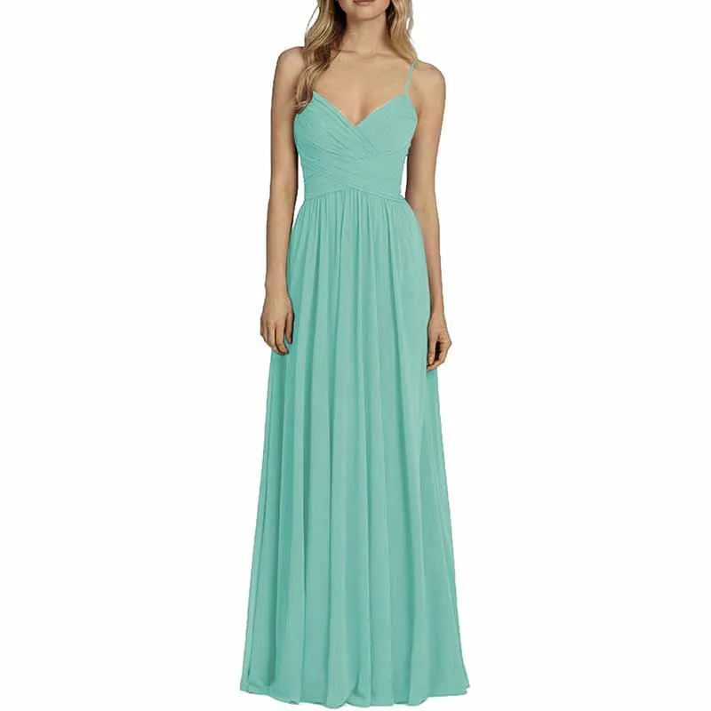 Bridesmaid Dresses Long Chiffon Ball Gowns Spaghetti Straps V-neck Wedding Guest Dress