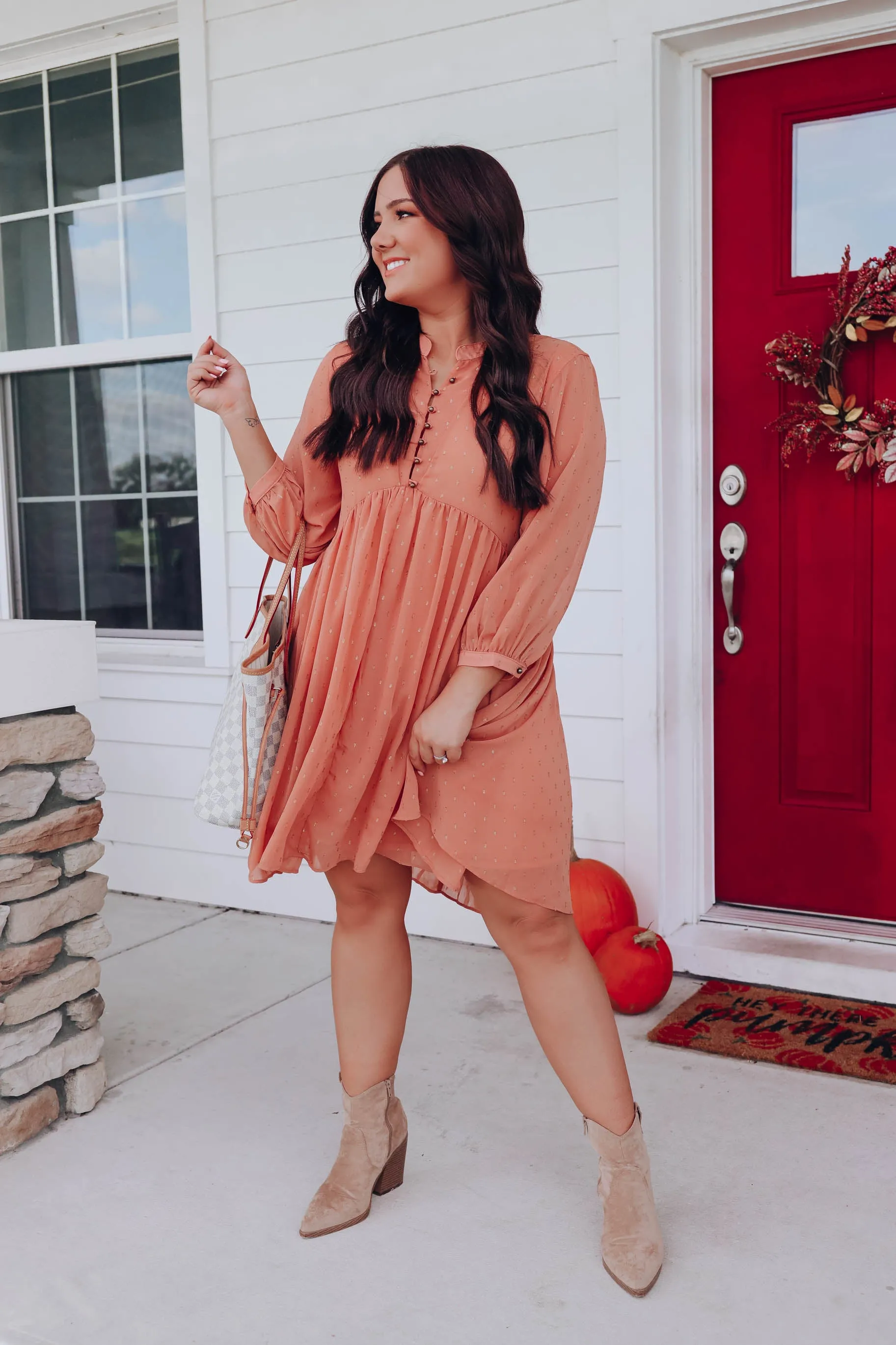 Brylee Swiss Dot Tunic Dress - Dusty Peach
