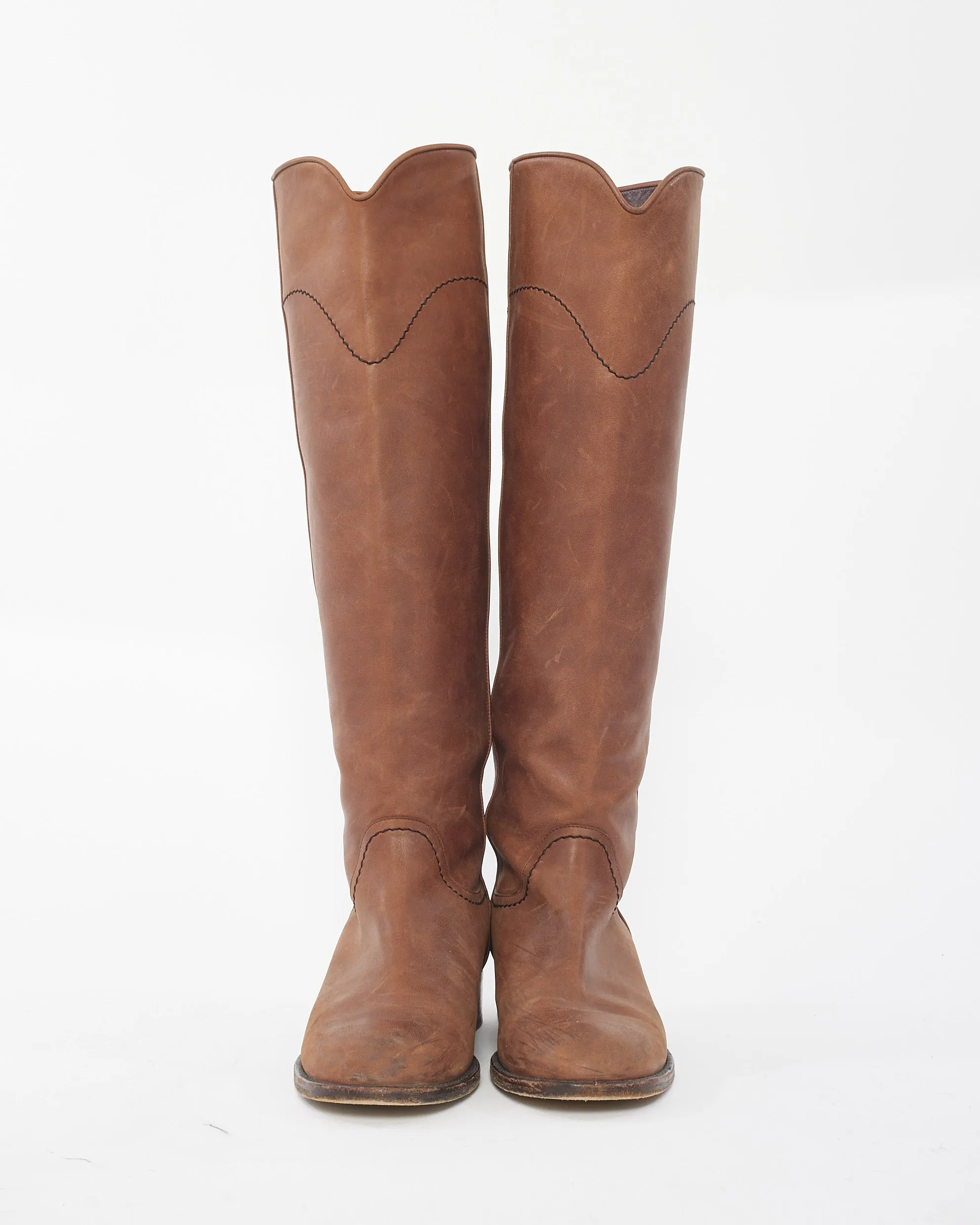 Chanel Camel Leather Knee High Logo Boots - 37