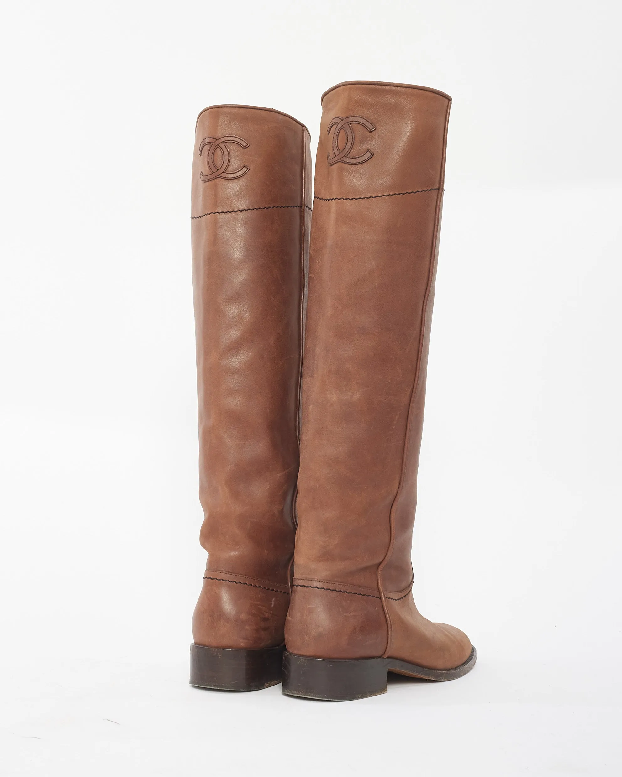Chanel Camel Leather Knee High Logo Boots - 37