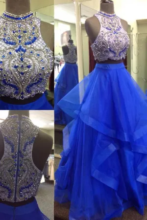 Charming Royal Blue Beaded A-line Ball Gown Top Two Piece Prom Dresses, MP161