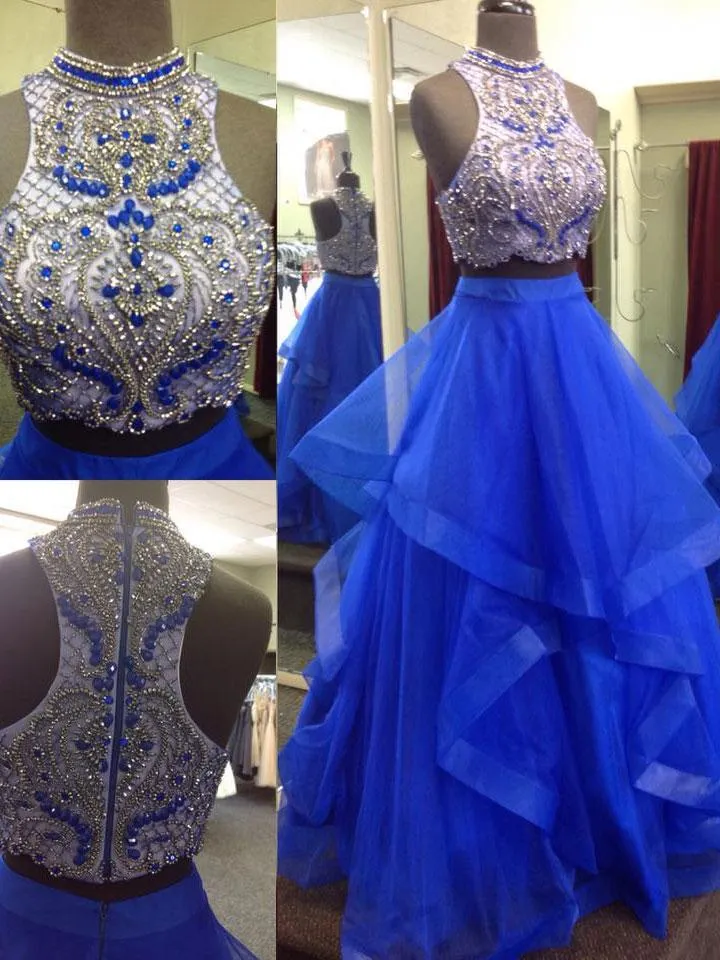 Charming Royal Blue Beaded A-line Ball Gown Top Two Piece Prom Dresses, MP161