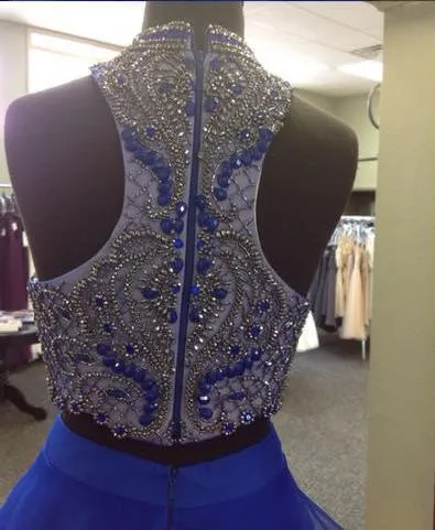 Charming Royal Blue Beaded A-line Ball Gown Top Two Piece Prom Dresses, MP161