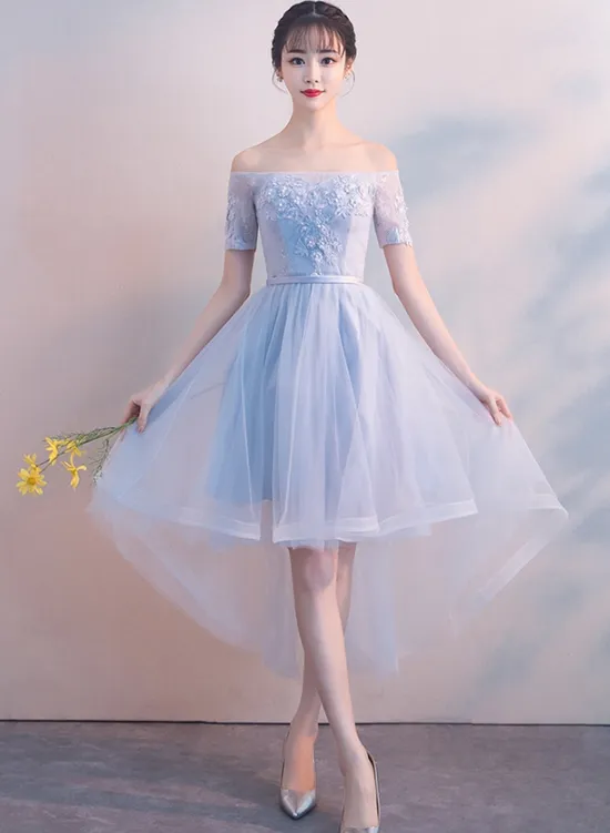 Charming Tulle High Low Sliver-Grey Party Dress, Homecoming Dresses
