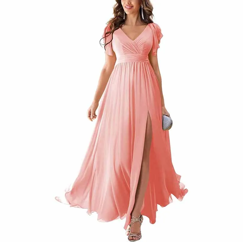 Chiffon Bridesmaid Dress Short Sleeves V Neck Formal Dres Wedding Guest Dress With Slipt