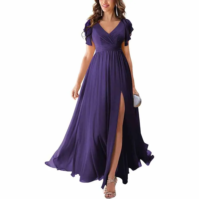 Chiffon Bridesmaid Dress Short Sleeves V Neck Formal Dres Wedding Guest Dress With Slipt