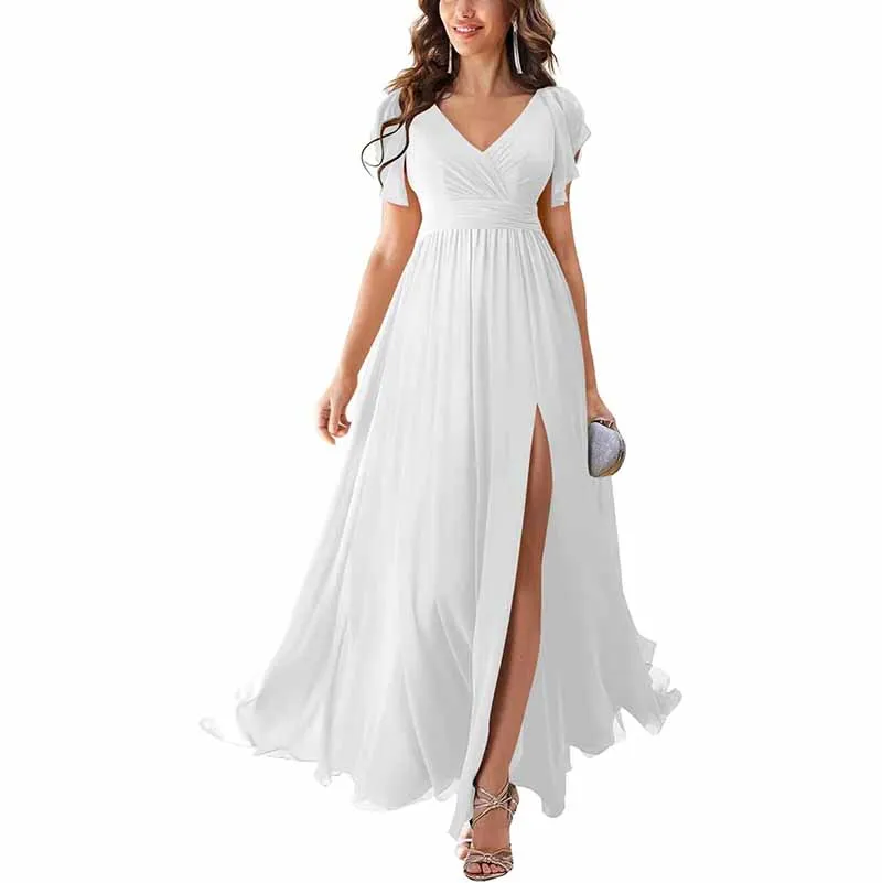 Chiffon Bridesmaid Dress Short Sleeves V Neck Formal Dres Wedding Guest Dress With Slipt