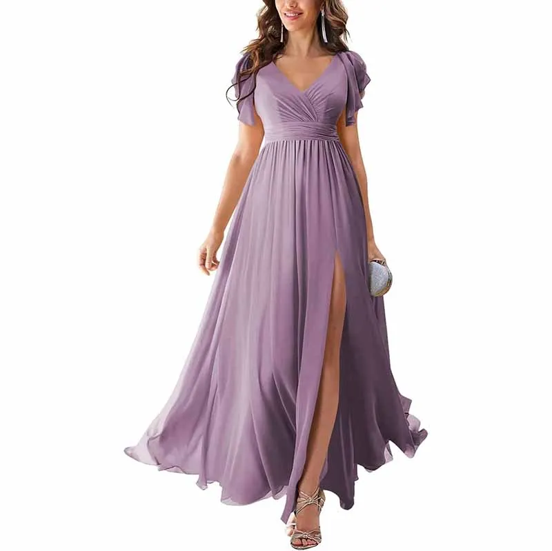 Chiffon Bridesmaid Dress Short Sleeves V Neck Formal Dres Wedding Guest Dress With Slipt