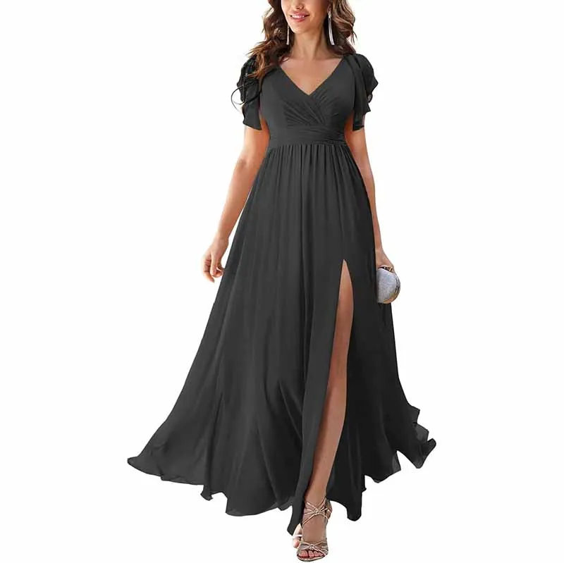 Chiffon Bridesmaid Dress Short Sleeves V Neck Formal Dres Wedding Guest Dress With Slipt