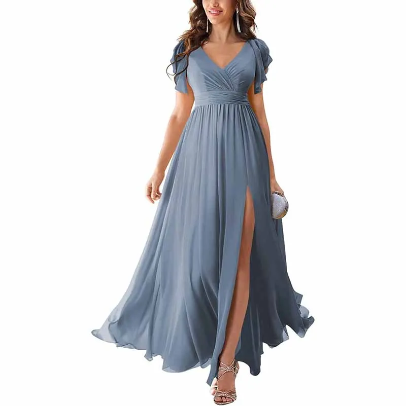 Chiffon Bridesmaid Dress Short Sleeves V Neck Formal Dres Wedding Guest Dress With Slipt