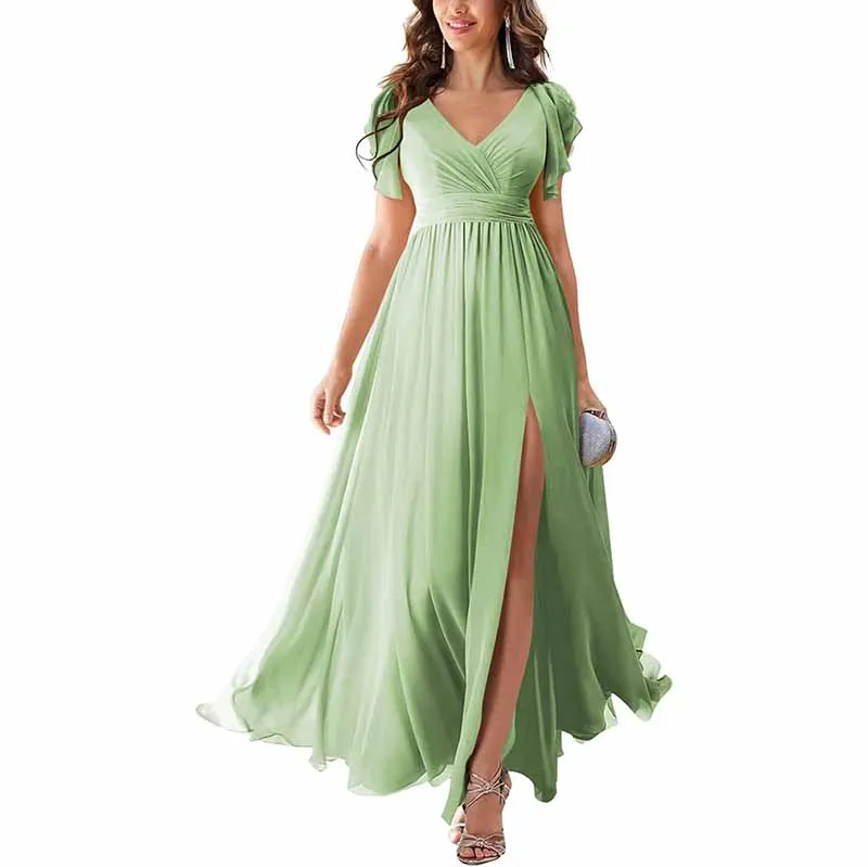 Chiffon Bridesmaid Dress Short Sleeves V Neck Formal Dres Wedding Guest Dress With Slipt