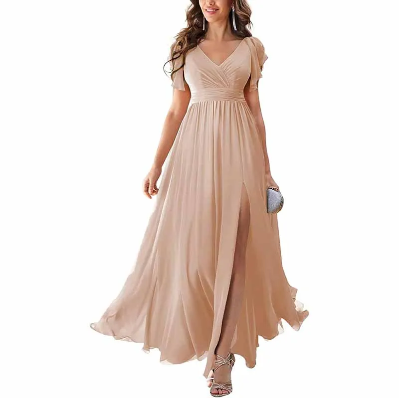 Chiffon Bridesmaid Dress Short Sleeves V Neck Formal Dres Wedding Guest Dress With Slipt