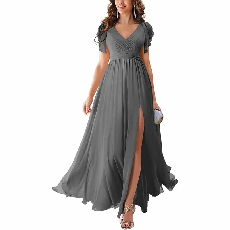 Chiffon Bridesmaid Dress Short Sleeves V Neck Formal Dres Wedding Guest Dress With Slipt