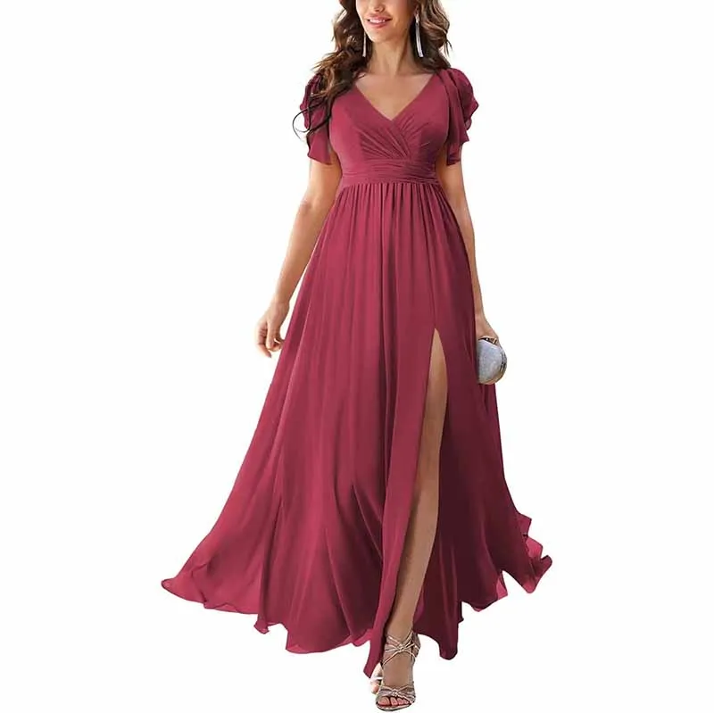 Chiffon Bridesmaid Dress Short Sleeves V Neck Formal Dres Wedding Guest Dress With Slipt