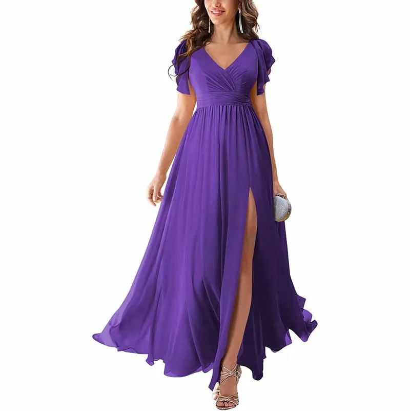 Chiffon Bridesmaid Dress Short Sleeves V Neck Formal Dres Wedding Guest Dress With Slipt