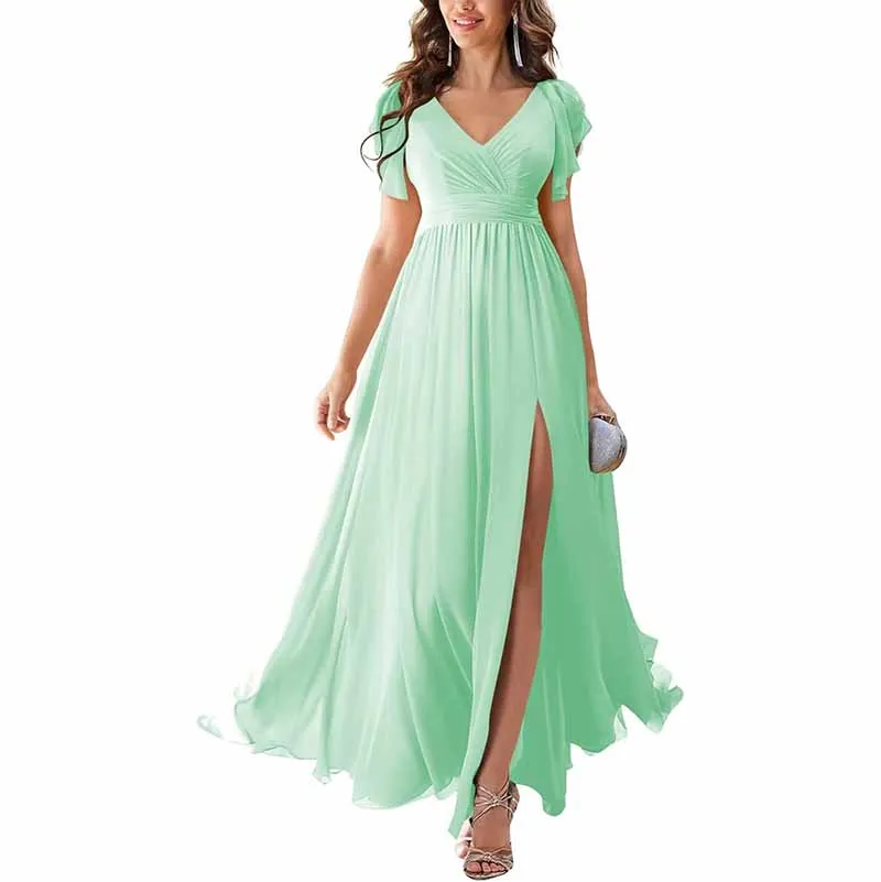 Chiffon Bridesmaid Dress Short Sleeves V Neck Formal Dres Wedding Guest Dress With Slipt