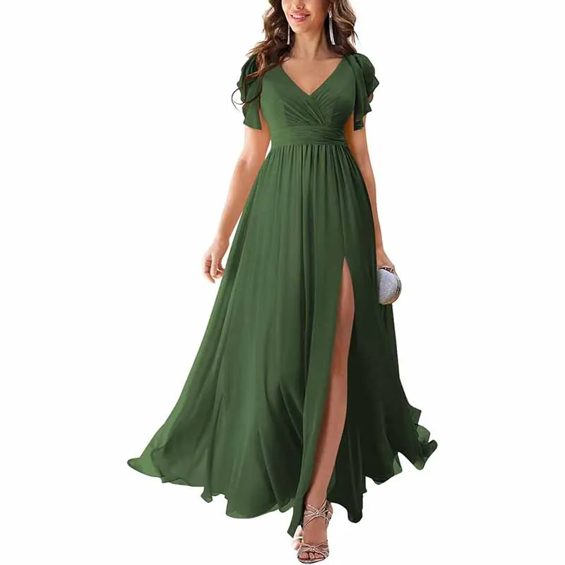 Chiffon Bridesmaid Dress Short Sleeves V Neck Formal Dres Wedding Guest Dress With Slipt