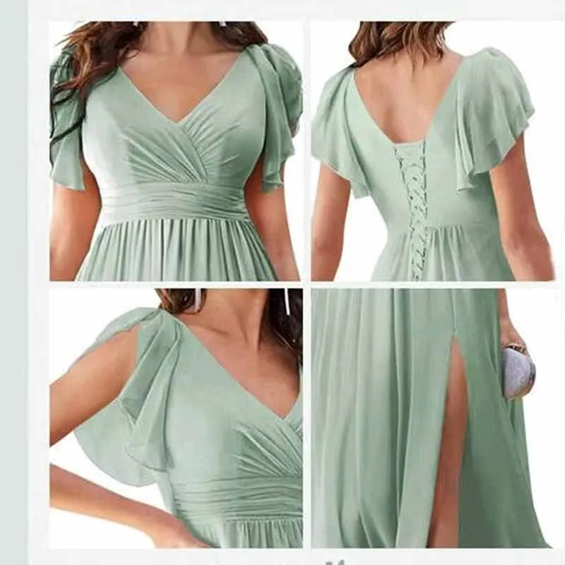 Chiffon Bridesmaid Dress Short Sleeves V Neck Formal Dres Wedding Guest Dress With Slipt