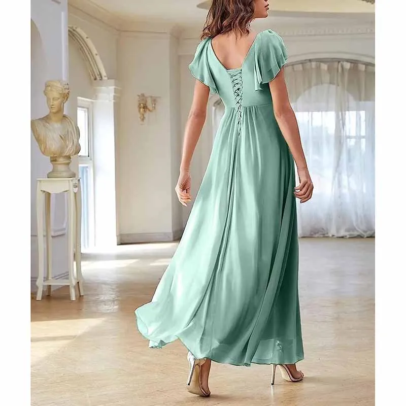 Chiffon Bridesmaid Dress Short Sleeves V Neck Formal Dres Wedding Guest Dress With Slipt